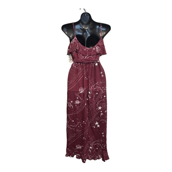 Lovestitch RUFFLE TOP WRAP MAXI DRESS IN WINE celestial pattern - Picture 2 of 14